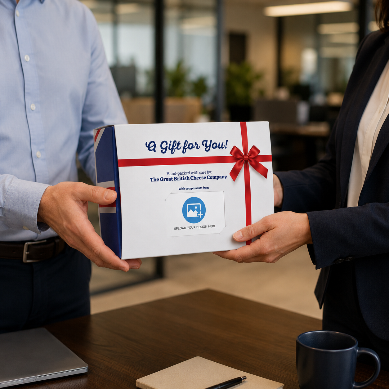 Corporate cheese gift being handed to a customer in a business setting