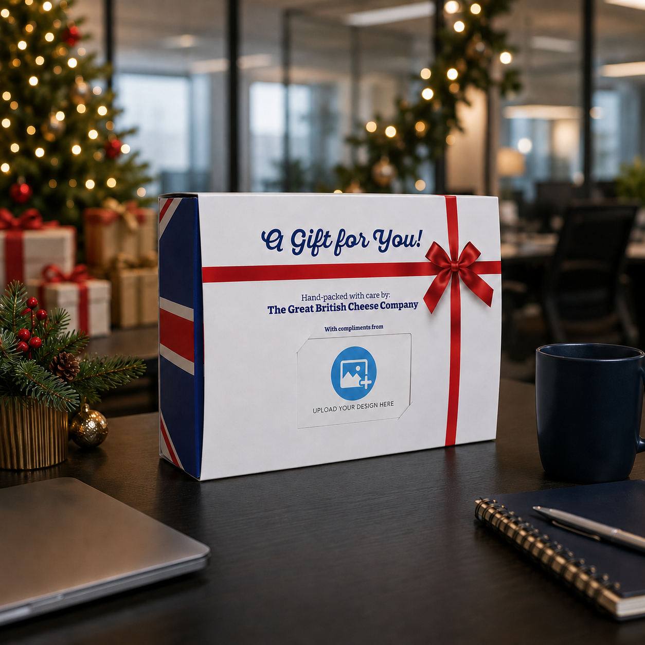 Christmas corporate cheese gift box with festive setting