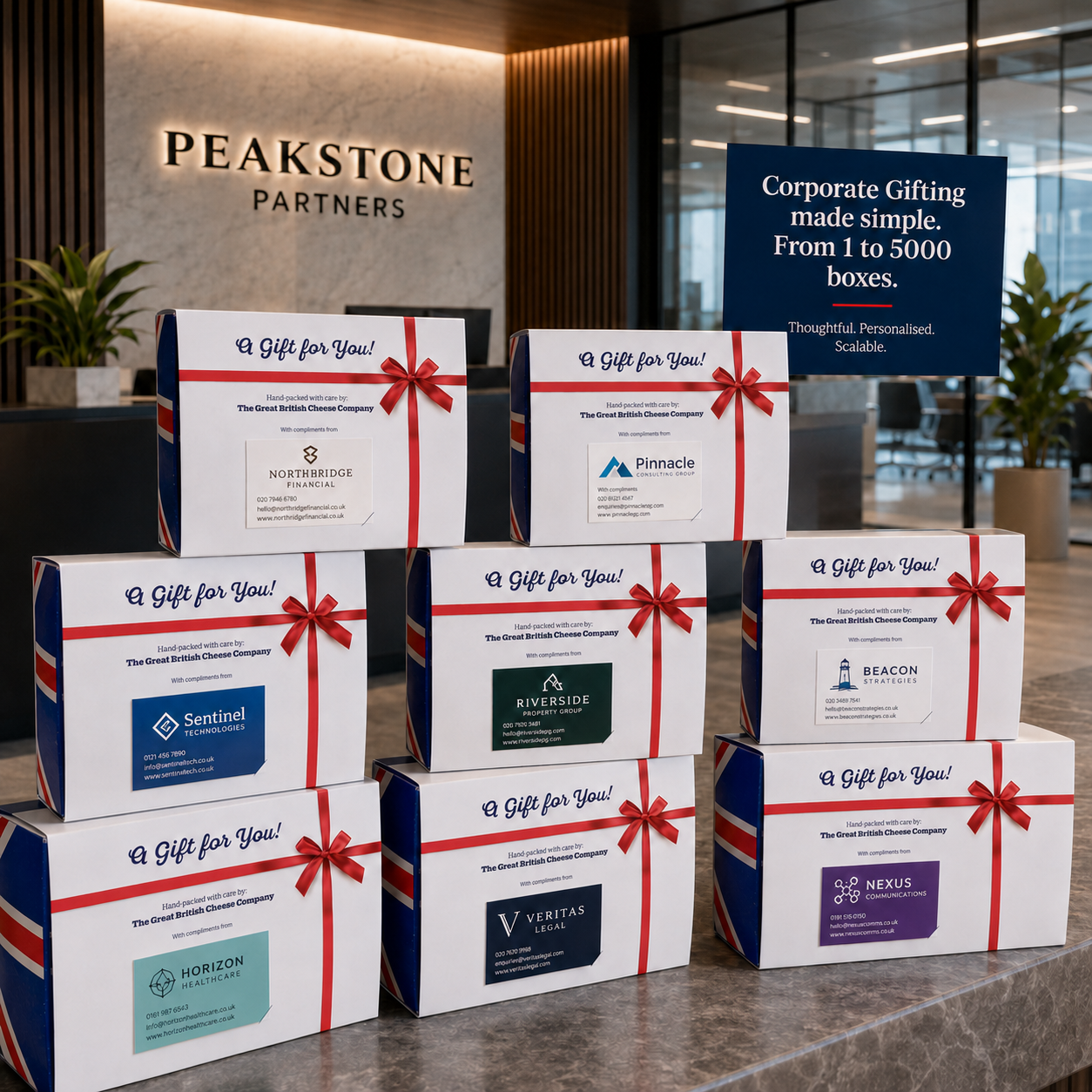 Large corporate cheese gift order with different business card examples